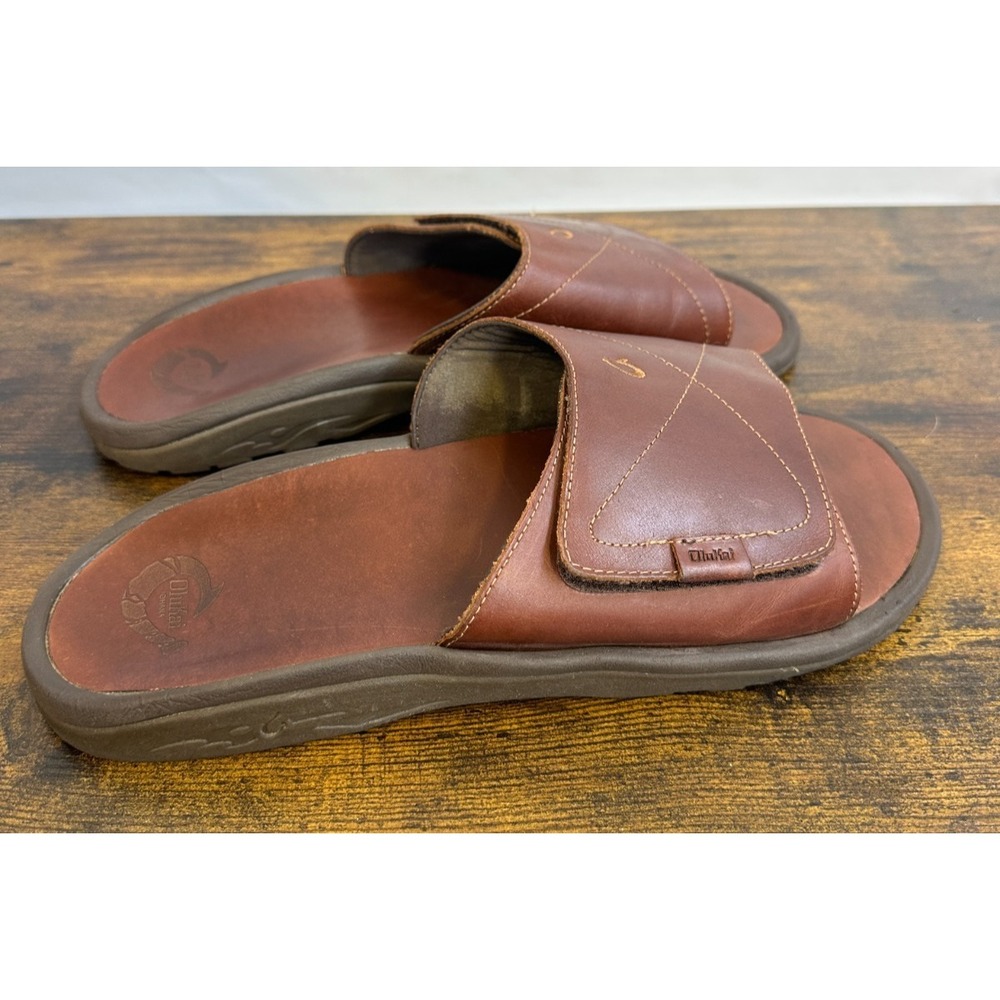 OluKai Ohana Leather Slide Mens 14 Brown Dark Wood Sandals 10137-4848 EUR 47 - Picture 10 of 14